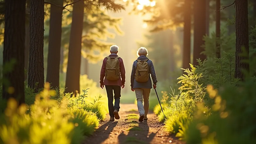 Seniori staigā meža takā ar priežu kokiem un mierīgu vidi